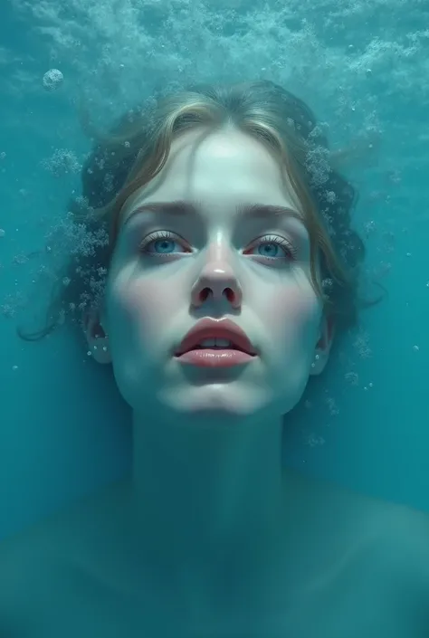 Create a painting of a womans face peeking out of the water,  where the perspective is upward , with shades of blue and pale skin 