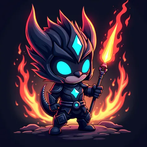  a gaming team logo , cute chibi, Close Dark spear with black clothes and a blue diamond on his chest wearing a crown helmet with neon blue eyes holding a flaming red 3-toothed spear, Written Lancer in the image , Close up of Black Dragon around, Flames in...