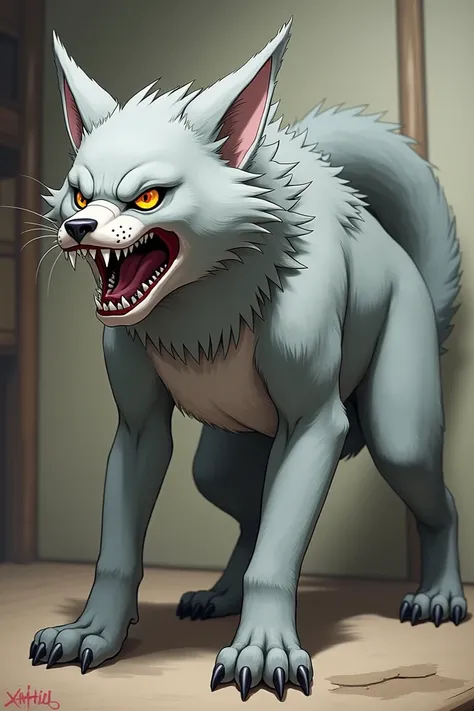 **Prompt:** "A ferocious creature resulting from the merger of Naruto Uzumaki and a ferocious dog,  blending the characteristics of the two animals .  She has the muscular body of a medium-sized dog ,  but with the light gray coat and sharp mustaches of a ...