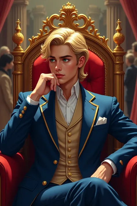  Book illustration ,  contemporary art of a man prince sitting on his throne next to his parents ,  he is blond with semi-long hair with green eyes ,  in a blue suit with gold details ,  together with a gold crown ,  he is sitting on his throne looking to ...