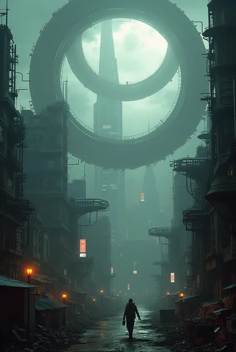  Generates an image of a dystopian and surreal city , that has a structure of rings ,  which divide the population between rich and poor