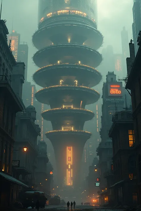  Generates an image of a dystopian and surreal city , that has a structure of rings ,  which divide the population between rich and poor