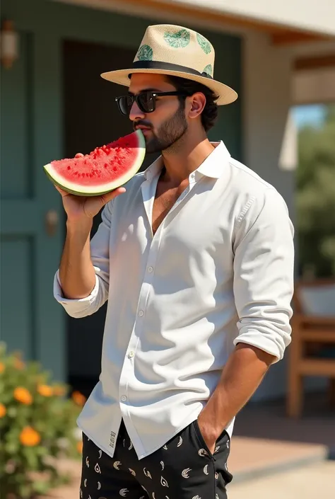 man dressed in white long sleeve shirt , black and cute pants with a painted hat and a watermelon in their hand