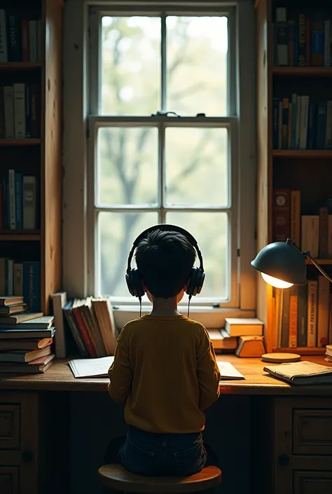 A thumbnail size picture on YouTube where a boy sits in front of a reading table and listens to music with headphones. There are many books and touch light in front of the table side window