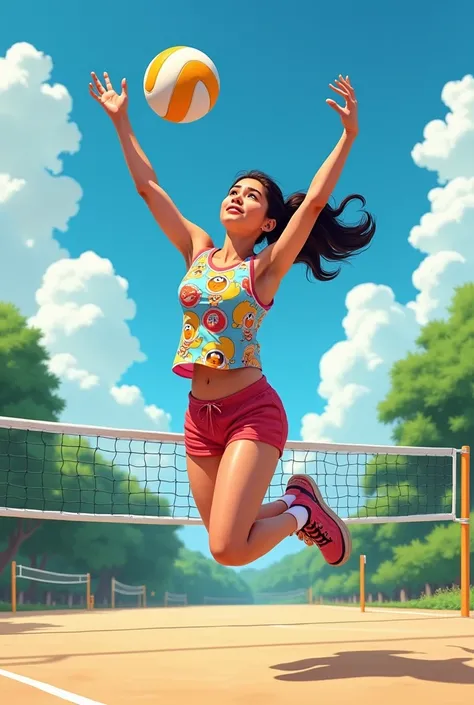 A woman playing volleyball with her shirt covered in cartoon style