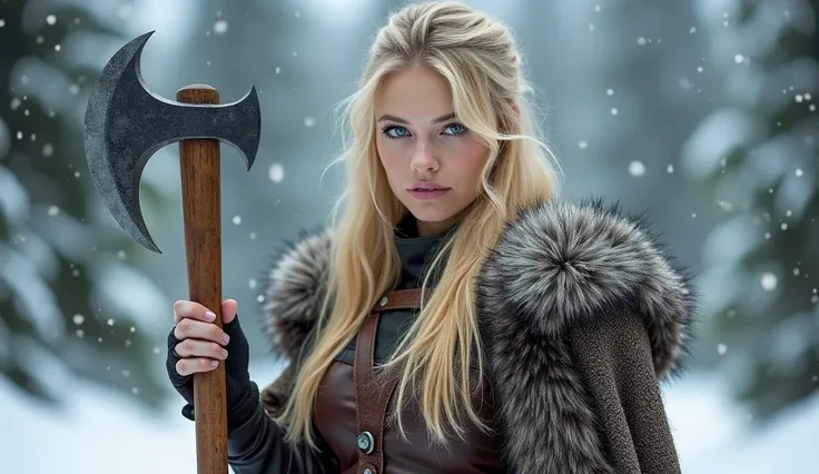 The image features a woman with blonde hair and striking blue eyes. She is dressed in a Viking-inspired outfit, complete with a fur-lined cloak and a leather corset. In her hand, she holds a large axe with a wooden handle and a metallic blade. The backgrou...