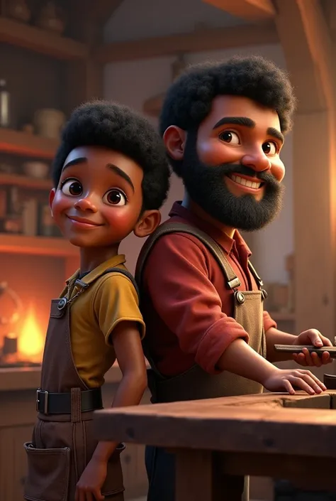 Two dark-skinned brothers   , Smithy, smooth hair,   looking forward with a smile,   one smaller than the other and without a beard   , the other one with more body mass and beard   , Disney Pixar style.  tilted back to back and both are the same age 