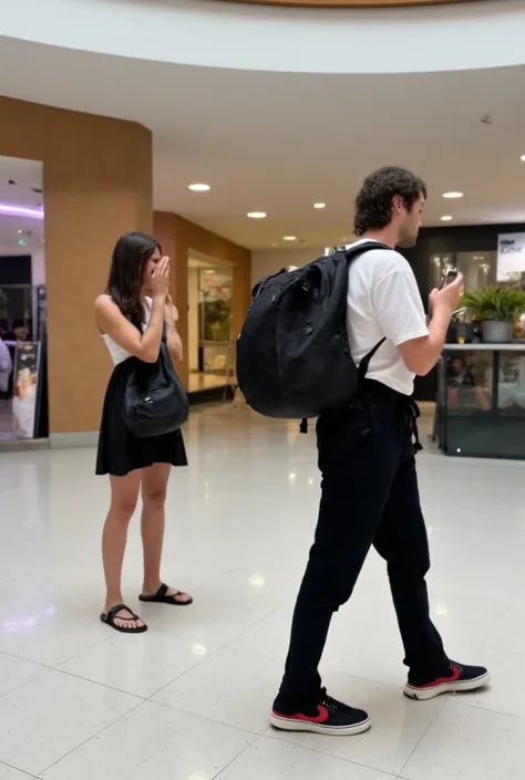 Photograph of a young dark-haired man and a young brunette with an apparent age of 22,  they exchange bodies and are surprised in the middle of a mall .  The lady is in a masculine pose ,  surprised to see his body and with his legs open .  The young man i...