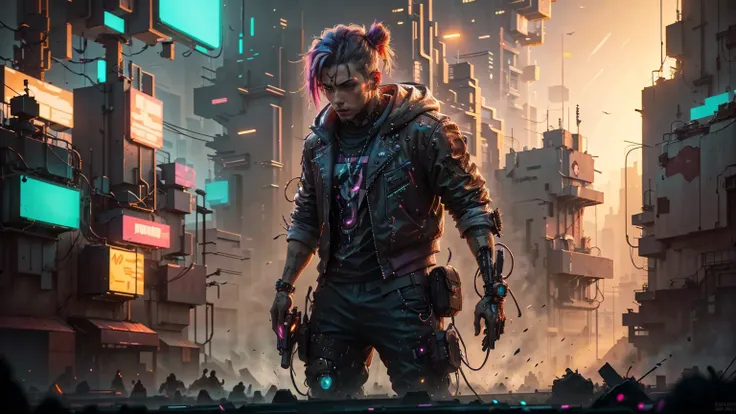 ((( Cyberpunk World))), LOVEHIROHITO, .A cyberpunk metal band performing on a neon lit stage, Charismatic and energetic, Surrounded by a cheering crowd. A futuristic bass creates an inspiring atmosphere. Dressed in cutting edge cyberpunk fashion, LOVEHIROH...