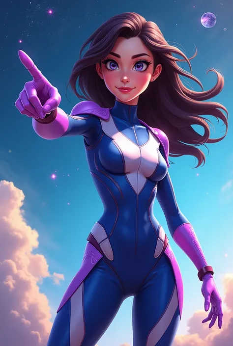 Animated superhero girl pointing aside in a galactic costume
