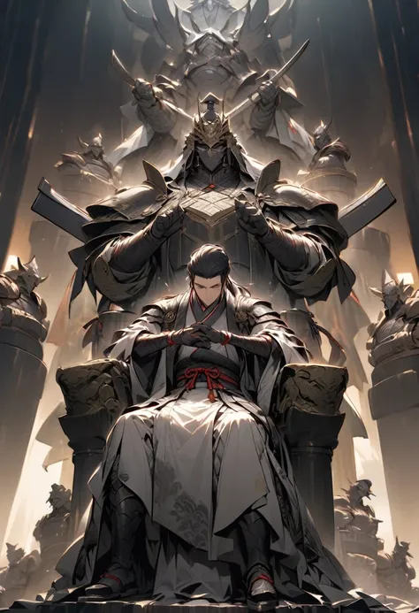 "A solemn young samurai seated on an elevated throne in a grand but dimly lit hall, his figure dwarfed by towering warlords standing around him in elaborate armor. The warlords discuss strategies among themselves, their confident postures and commanding ge...