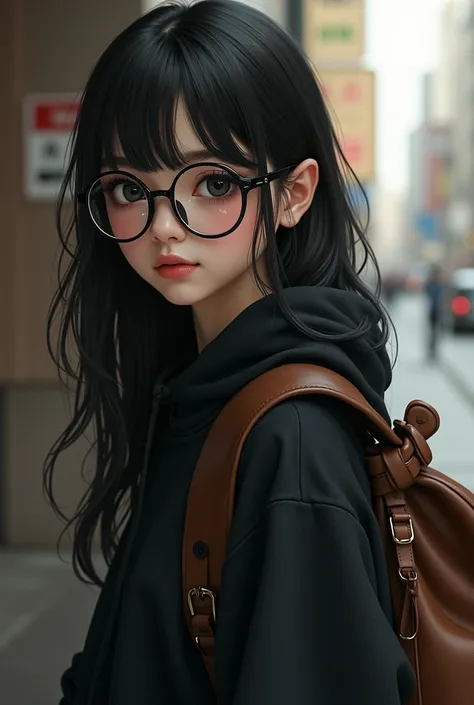 A beautiful girl with black eyes wears medical glasses. Her brown bag is tied in a fudawi way. She wears a wide black sweatshirt that hides the beauty of her body. A very beautiful boy is a real girl 