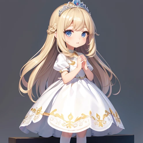 princess,(folding hands),white dress,(bronde hair),standing,tiara,straight hair,chibi chara,white background,((looking to the left))