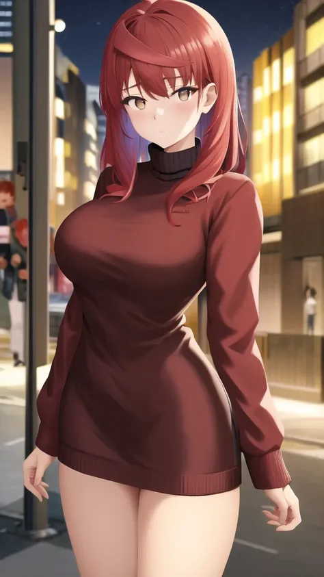 masterpiece, best quality, highres, girl, solo, looking at viewer, enjou_retto, Red hair, Brown Eyes, large breasts, sweater dress, long sleeves, turtleneck, outdoors, street, standing, cowboy shot, night