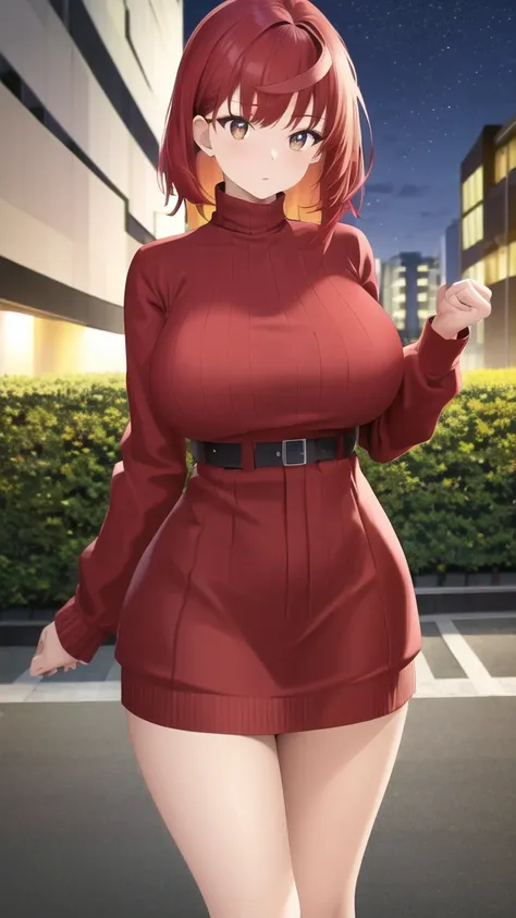 masterpiece, best quality, highres, girl, solo, looking at viewer, enjou_retto, Red hair, Brown Eyes, large breasts, sweater dress, long sleeves, turtleneck, outdoors, street, standing, cowboy shot, night