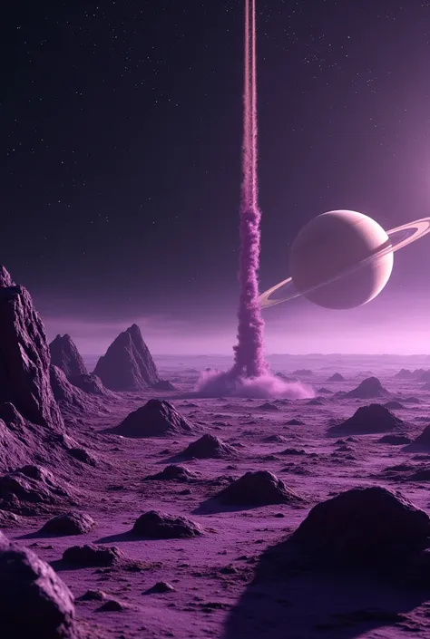  image of the surface of a rocky dark lilac planet in dark starry space being hit by meteors on the ground,Is the planet Saturn with its beautiful and long rings rising beyond the horizon 