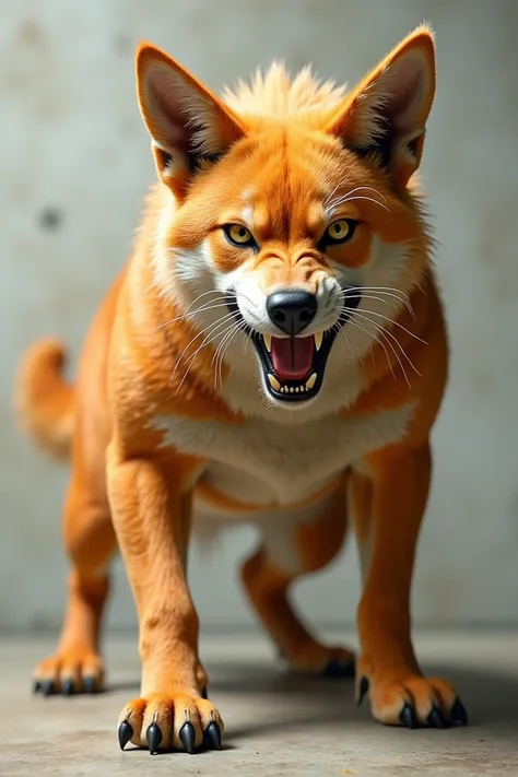 **Prompt:** "A ferocious creature resulting from the merger of Naruto Uzumaki and a ferocious dog,  merging the characteristics of the two  .  She has the muscular body of a medium-sized dog , but with the light orange coat and sharp mustaches of a cat .  ...