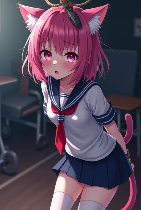 ((  Best quality )), ((masterpiece)), (  in detail),  perfect face, ( full size image  ) , full pink hair  ,  cat girl in school uniform ,  pink eyes  , micro skirt ,  dark gym school equipment  , embarrassed , white stockings ,  hands tied with ropes behi...