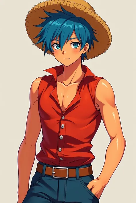 Orange skined sexy anime 20 year boy with full blue hair wearing a  straw hat, fully CLOSED his buttons red pirate shirt without any sleeve and a short jean pants 
