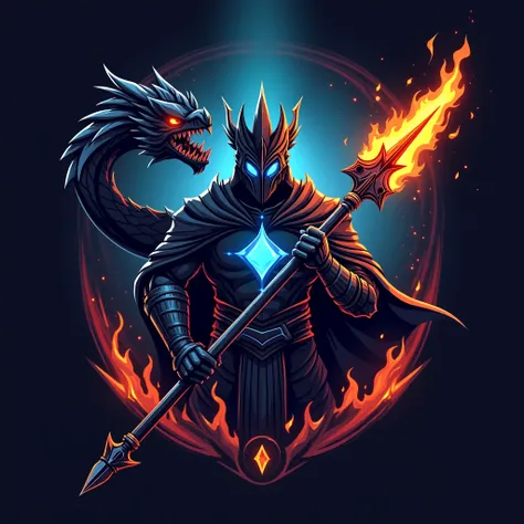  a gaming team logo , Close Dark spear with black clothes and a blue diamond on his chest wearing a crown helmet with neon blue eyes holding a flaming red 3-toothed spear, Written Lancer in the image , Close up of Black Dragon around, Flames in the image, ...