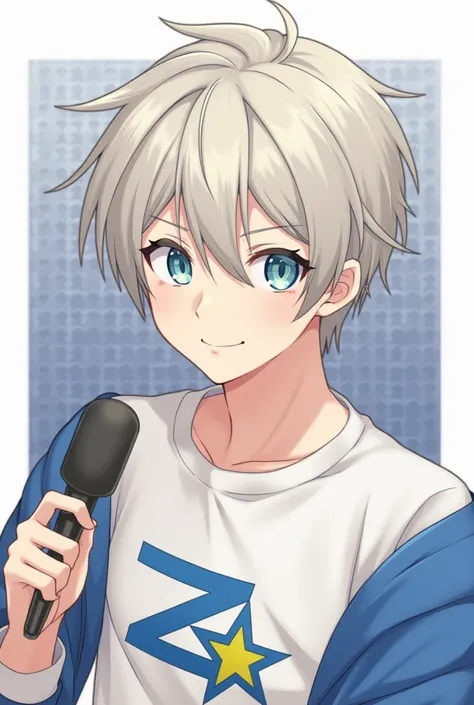 Blonde Hair, Short Hair, High Resolution, Looking at viewer, Blue eyes, Smile, Framed, Anime Style,A handsome young man with blue eyes and silver hair looks at the microphone in front of him with a slight smile on his face and on his shirt is the letter Z ...