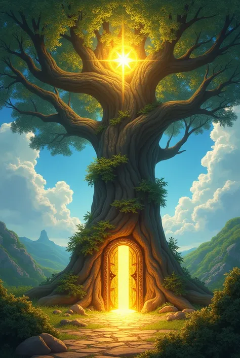 giant magic tree with a golden star and a door at the base with shiny golden seeds