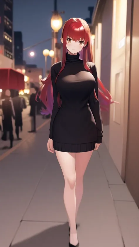 masterpiece, best quality, highres, girl, solo, looking at viewer, Shirou Emiya, Red hair, Brown Eyes, large breasts, sweater dress, long sleeves, turtleneck, outdoors, street, standing, cowboy shot, night