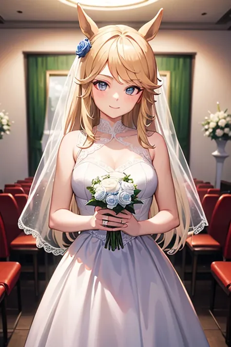 masterpiece,   best quality, high resolution
Gold City (  Horse Girl ) , smile, right_white rose hair ornament,   white wedding dress , Red face,  stares at viewers,  wedding hall, Hold out your hand to the viewer ,  holding a bouquet of flowers in one han...