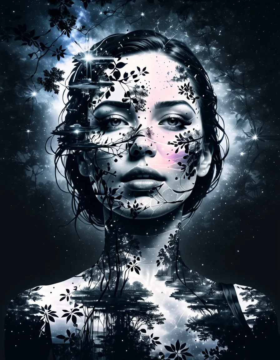 (double exposure:1.3), effect of a women's face superimposed on a pond,  ultra detailed，galaxy