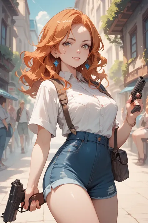 Make me a girl with orange hair and short wavy hair and who wears clothes like Y2K and who has two guns around her waist and about 2 more in her hand