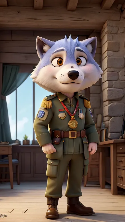 Major homme loup, en uniforme de cérémonie de grand inquisiteur impérial, avec médaille et kepis, en poste de commandement sur un vaisseaux militaire spatial

