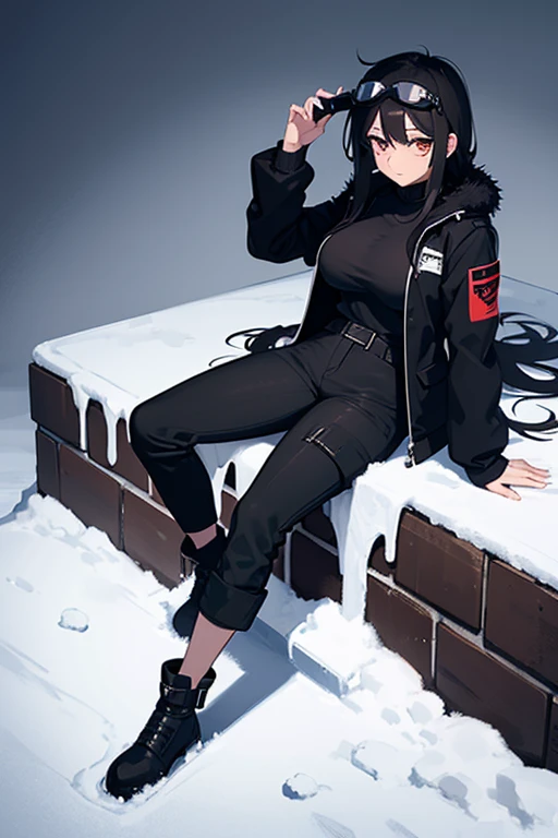 Hot girl, beautiful long black hair,dark brown eyes, snow goggles over her head, black pants, big but medium breasts, A closed short black jacket with Whitefur, long black sheer socks, snow boots, cozy area, normal expression, NOT LOOKING AT THE VIEWER