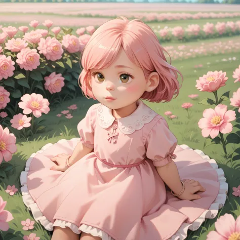 1girl, alone, meilinlee, brown eyes, pink dress, princess dress, pink hair, sitting on grass, pink flowers, flower field