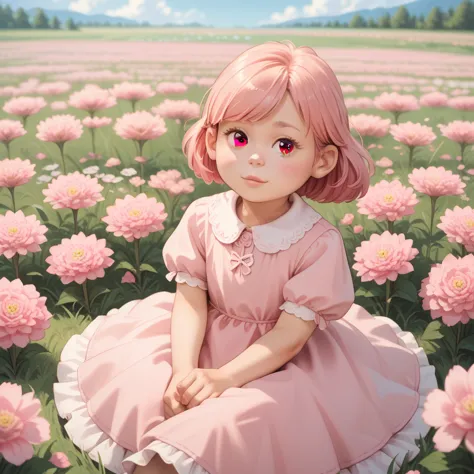 1girl, alone, meilinlee, brown eyes, pink dress, princess dress, pink hair, sitting on grass, pink flowers, flower field