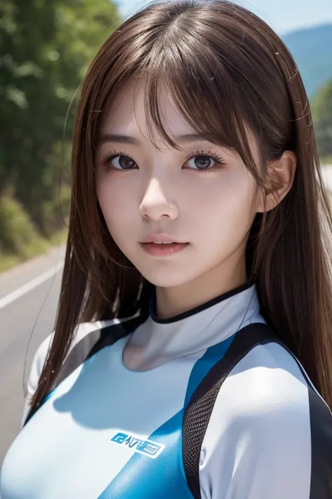    photos of attractive Japanese women sticking out,  one girl playing pranks,  perfect body ,  super detailed faces on a mountain road at night, Detailed lips,  beautiful eyes,  double eyelid, (Rashguard Swimwear), ( wetsuit ),  light brown hair,  Invalid...