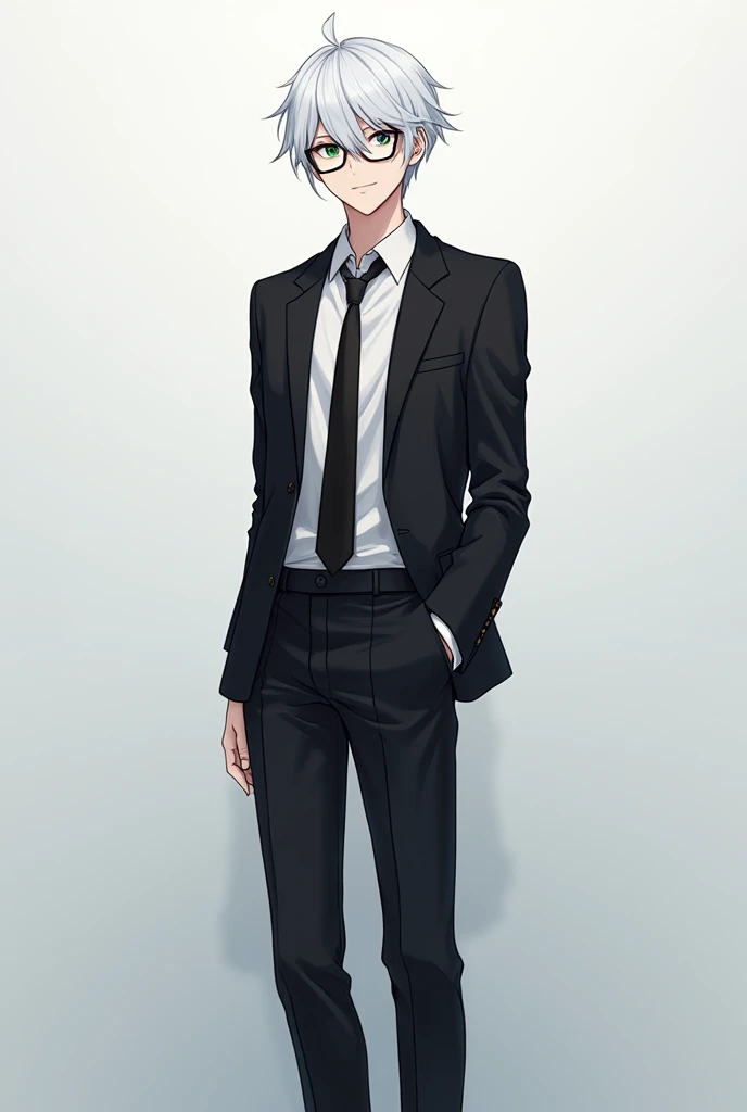 White haired anime boy, of approximately 19 years old , with one left eye green and the right eye blue and with black glasses, wearing an elegant suit with a black tie,And some elegant black shoes, with full body view 