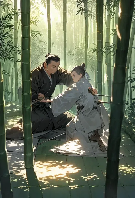 In a quiet bamboo grove at dawn, an elderly sword master in simple robes demonstrates a precise katana technique to a young samurai in light training gear. The master’s movements are fluid and deliberate, while the young samurai mimics them with focused de...