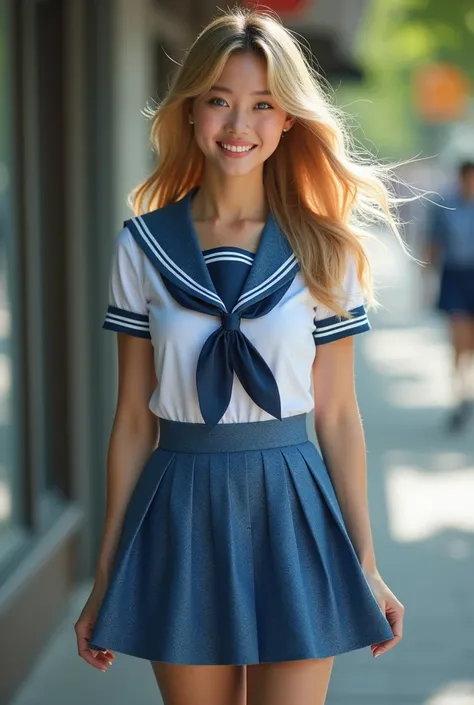  Create a detailed, realistic photo of a stunning young woman, with flowing honey blonde hair, expressive blue eyes, and a warm smile that lights up her face. She is wearing a a sexy cosplay Japanese school uniform, A daringly short, pleated micro sparklin...