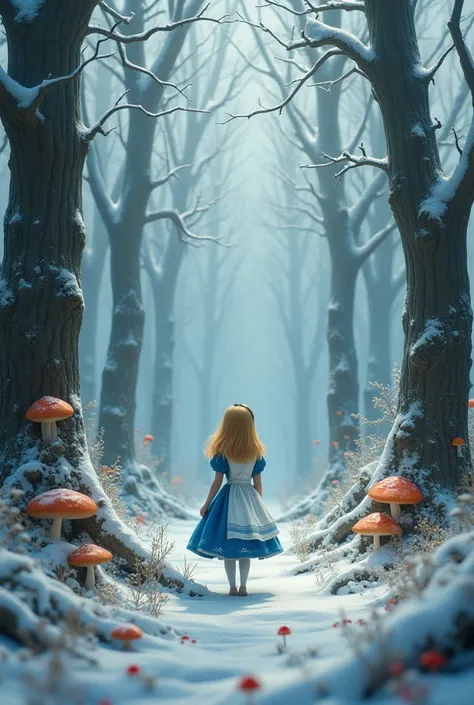 A forest in winter with Alice in Wonderland 