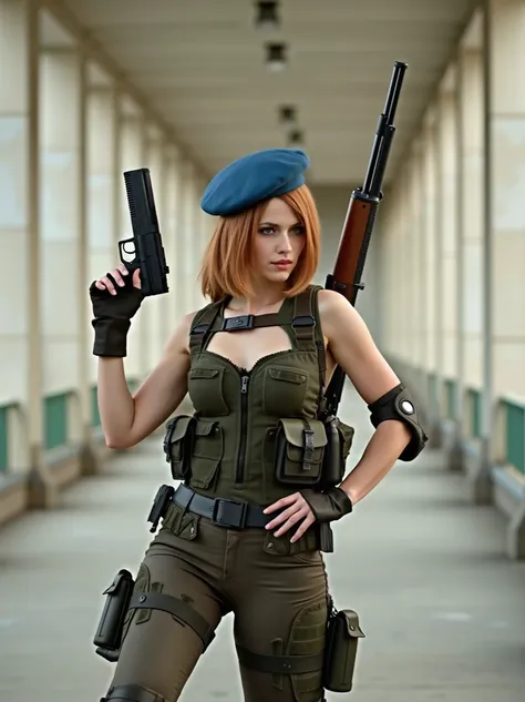   Cosplay from Jill Valentines Resident Evil ,   pistol wearing a tactical suit and a blue beret ,   loved with a rifle and a 9mm  , He wears military boots  .