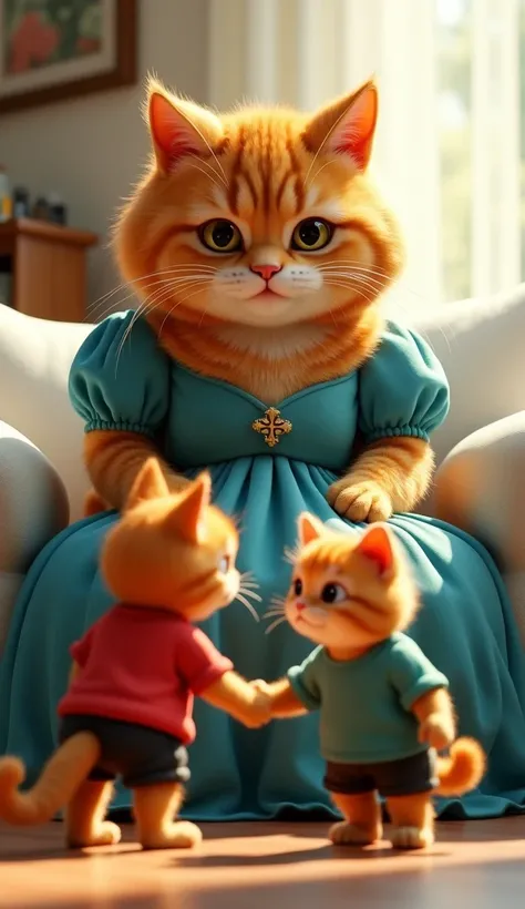 In cinematic 3D style ,HD image, realistic image, colourful image. 
Character, Orange big female cat wearing blue long dress.
Character, Orange baby cat wearing red t-shirt black shots. 
Character, Orange baby cat wearing green t-shirt and black shots.
Act...