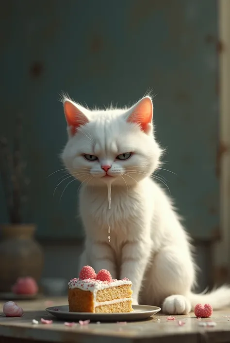 White the cat is sitting on the table crying and eating cake there, no one has switched to the day