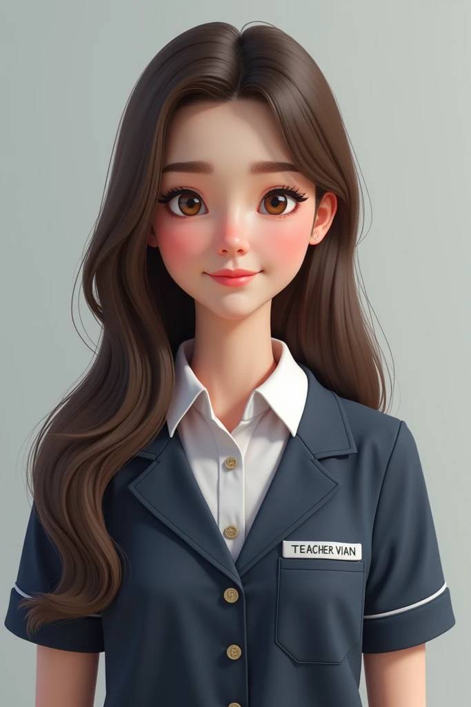 Create an image of a white girl with long and thin straight brown hair in a teachers uniform that says teacher vian on the shirt