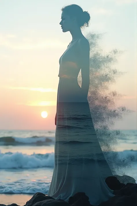  lyrics, 8K ultra HD, Una hermosa double exposure que combina una silueta de diosa con la costa al atardecer,  the coast at dusk should serve as a backdrop ,  with its details incorporated in the goddess , sharp lines, The background is monochrome,  sharp ...