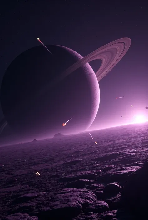 An image of the surface of a dark lilac rocky planet in dark starry space being hit by many meteors that hit the ground ,  has the immense planet Saturn diagonally with its beautiful and long rings covering the entire horizon and setting beyond the dark an...