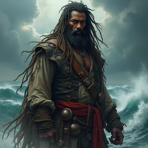 Black male with dreadlocks and dreadlocked beard wearing torn pirate clothing 
