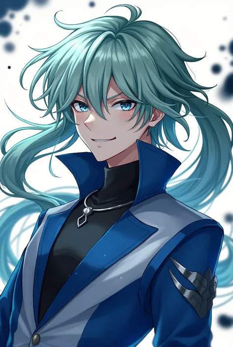 Solo, High Resolution, Long Hair,  hair colour green and white Blue eyes, evil smile and his outfit half bule and half white and age is 19 anime style logo male 
