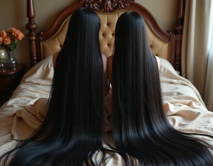 (best image quality、highest quality、highest resolution、ultra-realistic photography、full body photo、masterpiece、16ｋ、）two girl。Super super long black hair。Hair length is over 10 meters。the place is a bedroom。super ultra long hair。Her back is turned to show h...