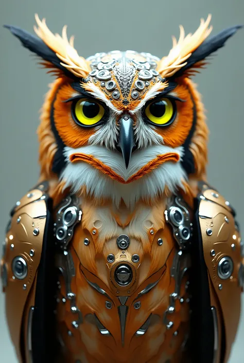  Royal-type owl cyborg , rare colors ,  bright yellow-green eyes focused on the viewer, ((( symmetrically perfect image )))