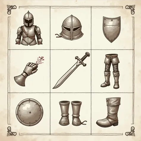 Draw a medieval role-playing inventory. The inventory must be divided into equal spaces,  each containing a different item .  There can only be one item from each .
 Description of items :

helmet:  A helmet with a classic design ,  covering the head and p...